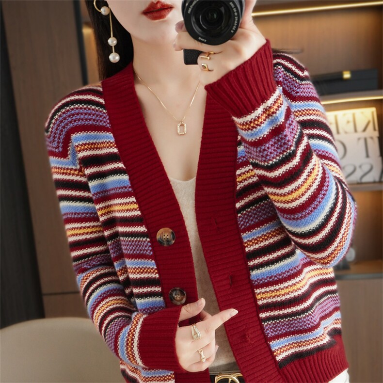 羊毛开衫女加厚秋冬提花针织毛衣外套V领长袖宽松条纹上衣，女装针织衫/毛衣，斯美雅安迪绒
