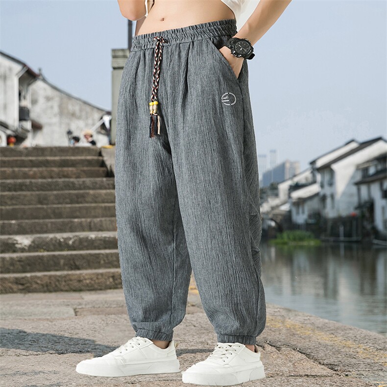 2025夏装风棉麻冰丝男女休闲裤改良束脚裤加肥加大码胖子裤子,男装休闲裤,星座909