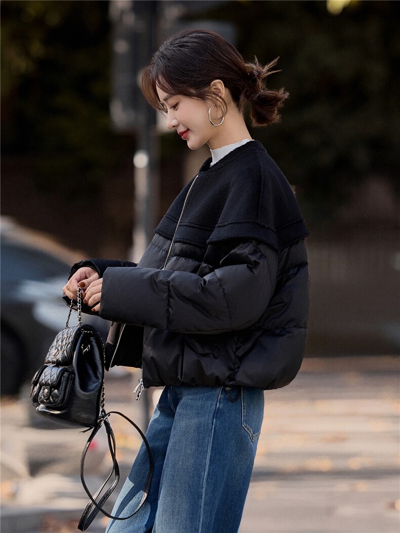 黑色短款休闲拼接羽绒服女2026冬季新款圆领休闲百搭上衣,女装羽绒服,梦懿尔