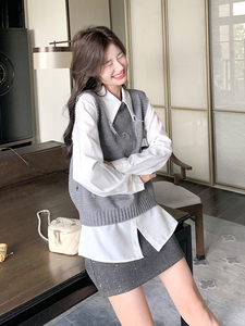 学院风复古减龄衬衫上衣马甲套装女2025春秋新款高级感时尚两件套图片