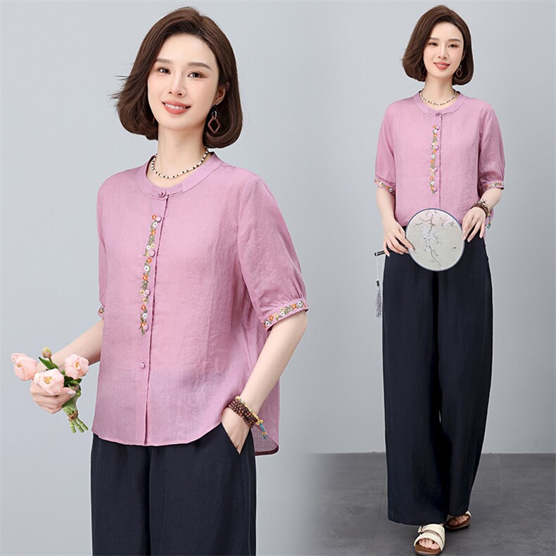 棉麻休闲女夏装2025夏季新款妈妈洋气时尚宽松衬衫苎麻,女装衬衫,涵誉