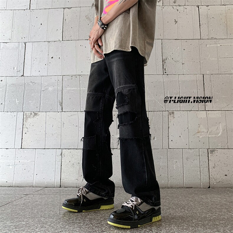 B221美式ins高街暗黑小众撞色破洞直筒牛仔裤LK23109-P65控88,男装牛仔裤,电商B221