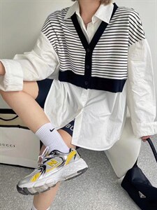 现货 欧货春装新款条纹拼接衬衫,女装衬衫,AT(2F)