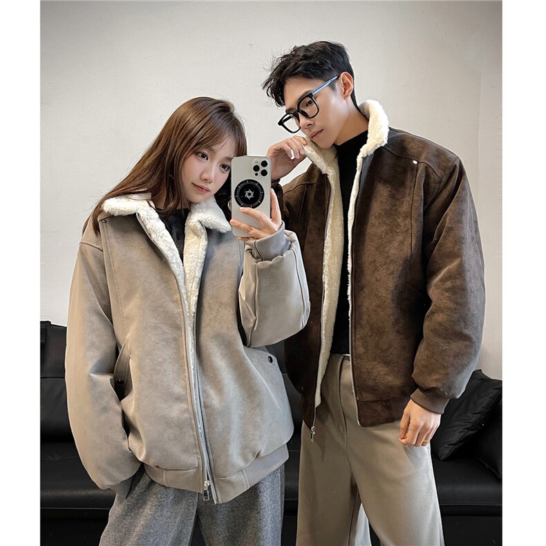 美拉德羊羔毛pu皮棉衣加绒加厚情侣棉服外套男H1166特P85,男装皮衣,电商A341