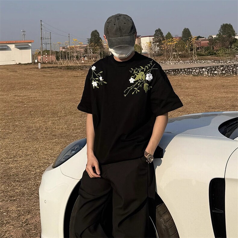 万针全刺绣工艺抖音得物高品质260克重磅纯棉双纱美式高街短袖T恤,男装T恤,电商A486