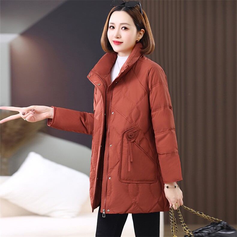 长期有货立领羽绒服中长款2024冬季新款宽松加厚白鸭绒外套女,女装羽绒服,璐依舞