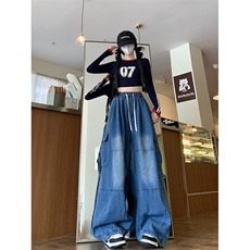 牛仔裤男女韩版潮流高街百搭阔腿口袋2024冬季ins长裤RK2309-P39，男装牛仔裤，星座412-3