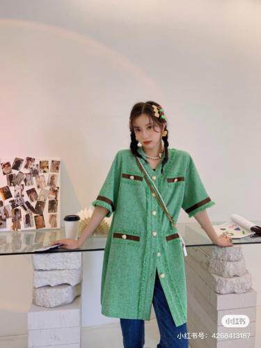 绿色粗纺中长连衣裙，女装连衣裙，YOUER DENG