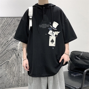 LD54373-P45NASA 连帽短袖t恤男大码胖子带帽五分袖中袖图片