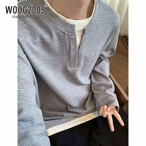 日系复古高街简约假两件无性别经典打底长袖T恤513ACT2268特P24图片