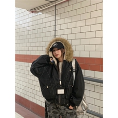 现货重磅boxy短款棉衣座山雕大毛毛领男女棉服水洗工装厚外套，男装棉衣，电商A486-1