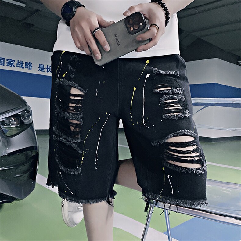 K40/P48控78夏季小伙磨破做旧扎染漆点牛仔短裤潮牌中裤男士黑首1,男装牛仔裤,星座305B