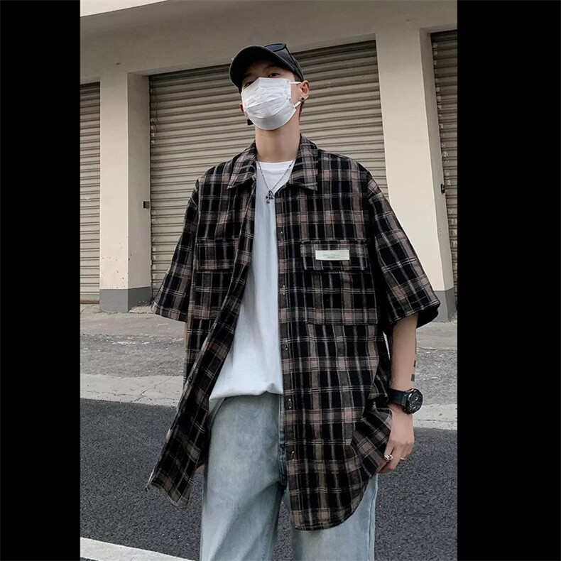 五分袖衬衫时尚气质潮流男新款夏季标准文艺方领格子CD588-P42,男装衬衫,星座1109-3
