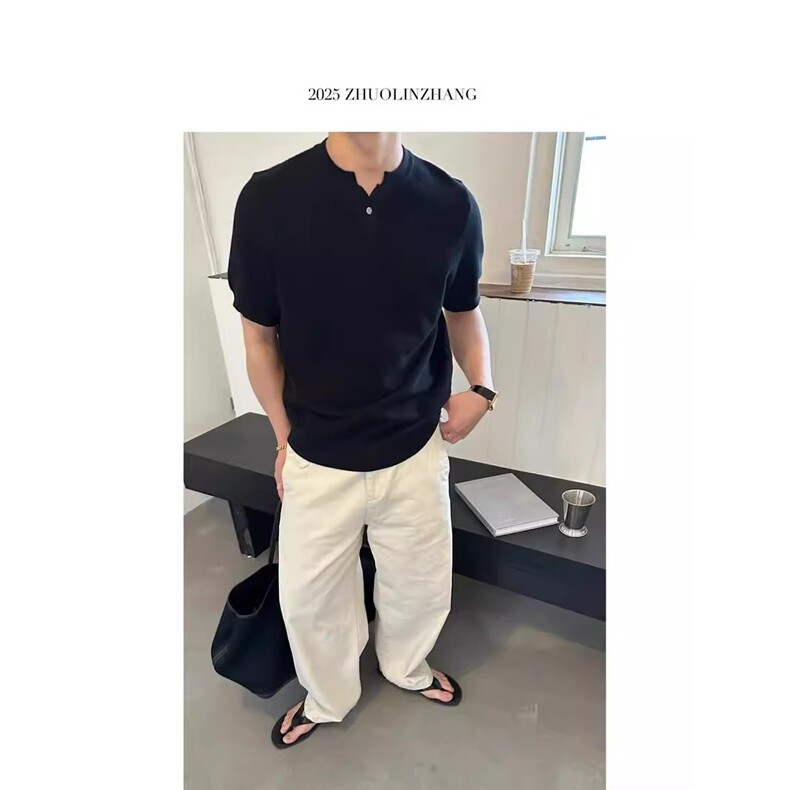 亨利领针织短袖polo衫男生夏季美式老钱风t恤轻熟风收袖口三分袖,男装Polo衫,星座1210-1