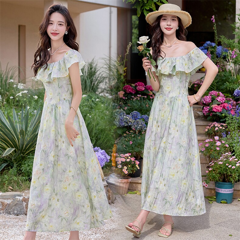 2025一字肩荷叶边女夏新款绝美度假风修身显瘦甜美减龄印花长裙，女装连衣裙，奋斗女王