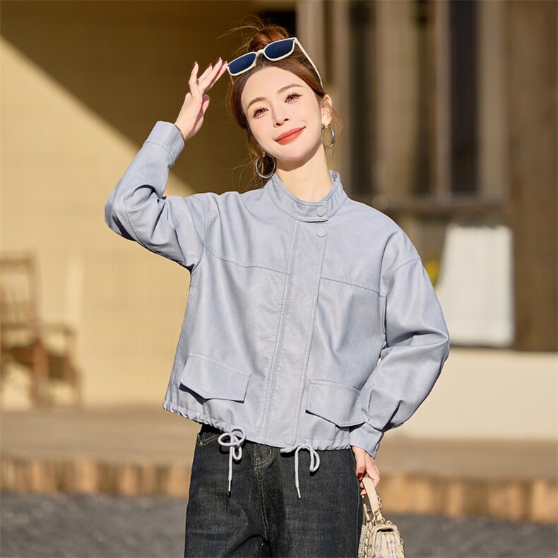 皮衣外套女秋秋2025新款小个子短款宽松时尚休闲PU皮夹克圆领上衣图片
