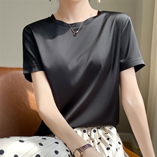 夏季醋酸短袖T恤女夏圆领简约半袖白色冰丝打底缎面内搭上衣，女装T恤，羊特美羊绒