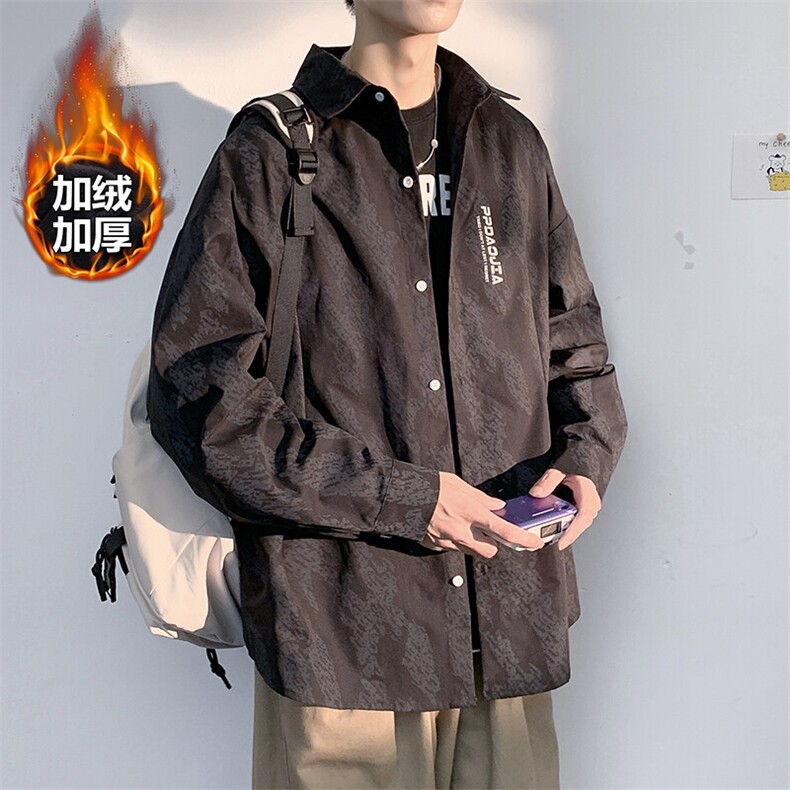 冬款港风高级大码暗纹印花加绒加厚宽松衬衫男C3511J加绒-P50,男装衬衫,电商A001