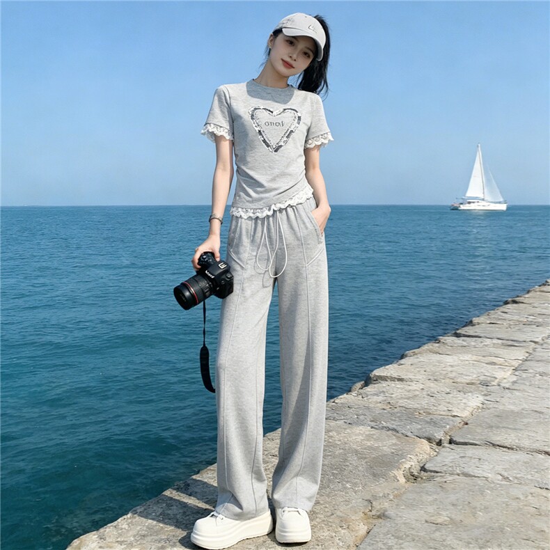 个性潮流时尚套装女夏季新款钉珠蕾丝花边设计短袖阔腿长裤两件套,女装套装/套裙,江南