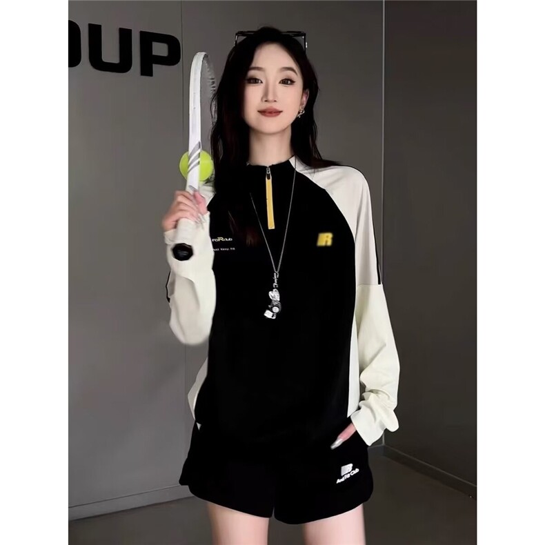 美式黑白拼接半拉链长袖T恤女2025早春秋新款今年流行的短款上衣，女装T恤，星座506A