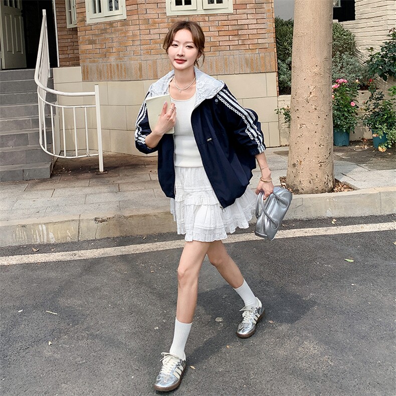 藏青色蕾丝拼接开衫短外套女2025秋季新款小个子减龄休闲连帽夹克,女装防晒衣,2C285