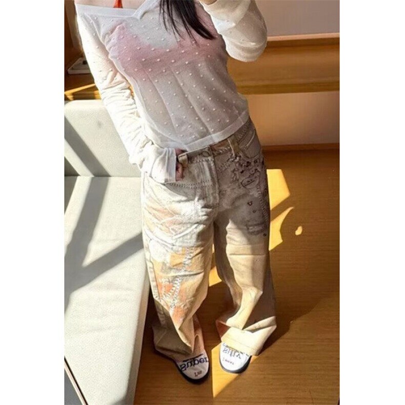 彩色喷绘重工图案印花牛仔裤女宽松直筒阔腿拖地长裤子NB3090,男装牛仔裤,星座1116A（原606A-3）