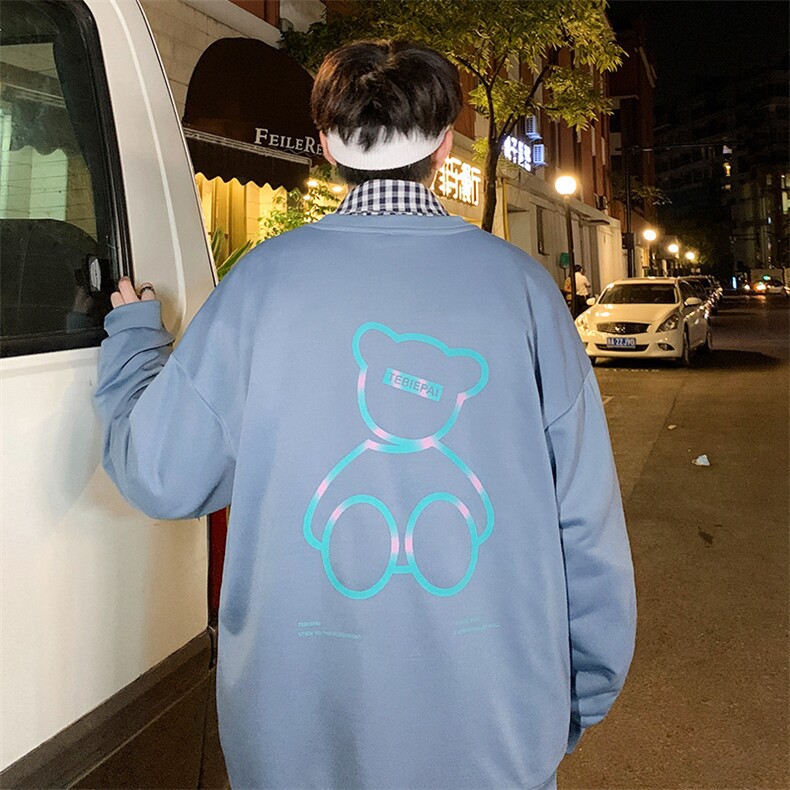 703-W7232秋季小熊卡通反光印花圆领套头休闲卫衣,男装卫衣,星座703