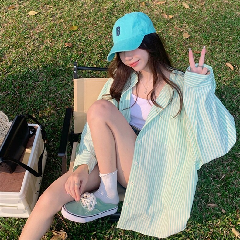TC692-P45高级感绿色防晒条纹衬衫设计感小众中长款上衣,女装衬衫,星座617A-2