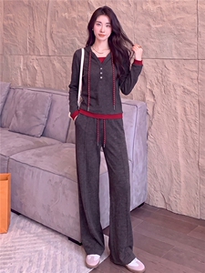 设计感休闲运动套装女春秋时尚新款连帽长袖卫衣阔腿长裤两件套潮图片 设计感休闲运动套装女春秋时尚新款连帽长袖卫衣阔腿长裤两件套潮图片