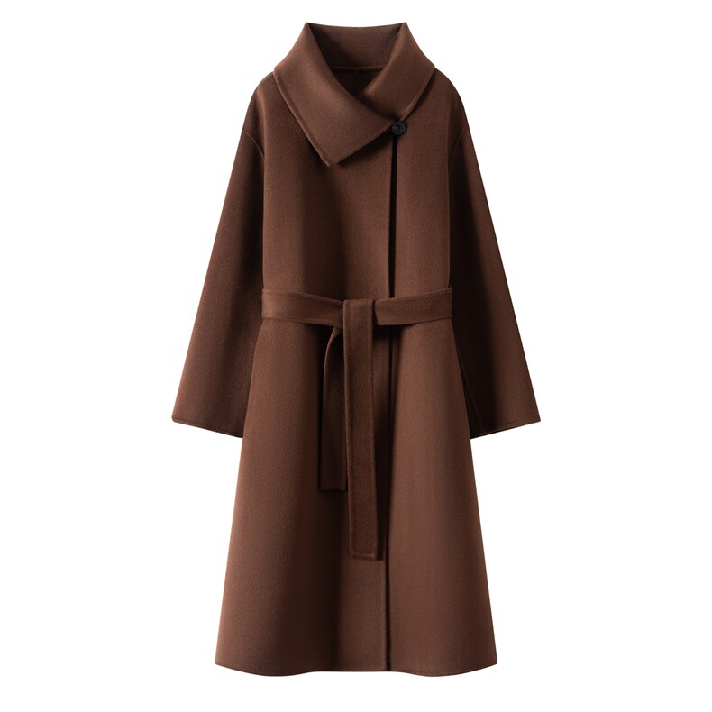 2025年秋季通勤长袖花苞领时尚百搭通勤简约休闲中长款大衣，女装毛呢外套，织美生