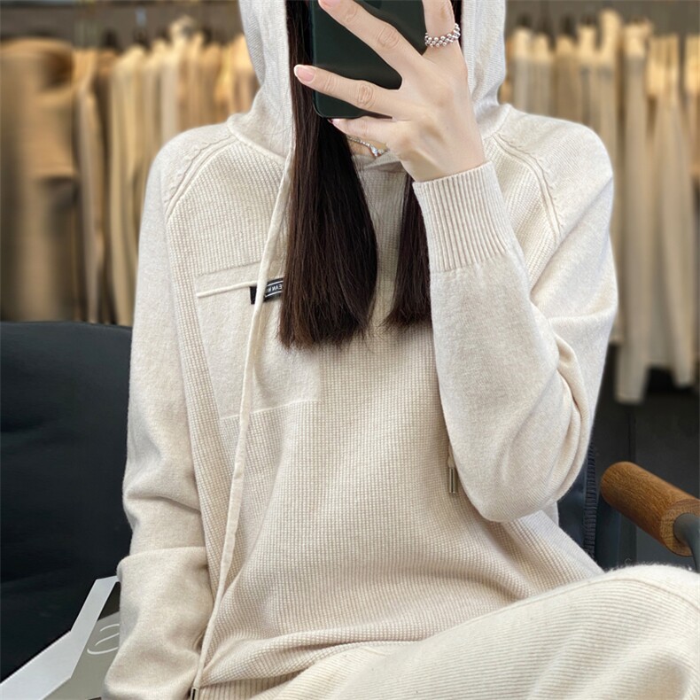 洋气2023羊毛连帽针织卫衣带帽子毛衣上衣宽松慵懒打底衫休闲帽衫,针织衫/毛衣,大美人包芯纱店