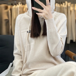 洋气2023羊毛连帽针织卫衣带帽子毛衣上衣宽松慵懒打底衫休闲帽衫图片