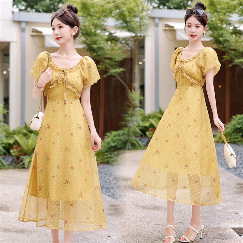 碎花连衣裙2025夏新款高端气质法式纯欲甜美木耳边收腰雪纺仙女裙，女装连衣裙，难舍钰依