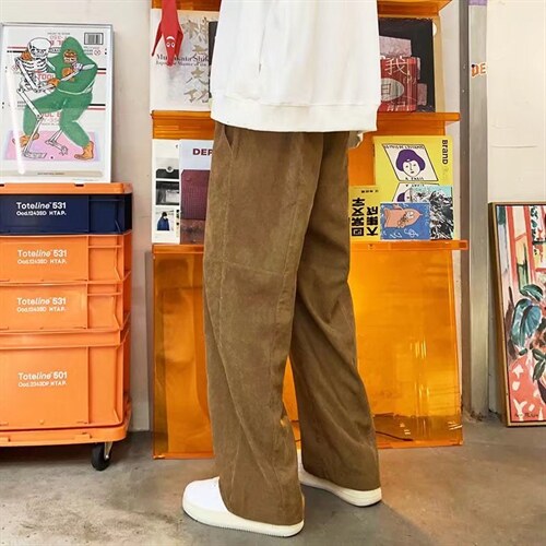 灯芯绒直筒阔腿裤子男春秋季拼接大码裤子A394P35图片
