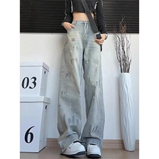 春季新款美式复古潮牌设计泼墨阔腿宽松直筒牛仔裤男L9129-P48，男装牛仔裤，星座1008