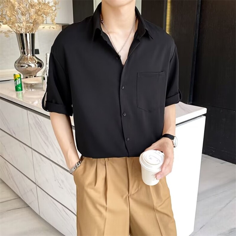 轻熟风痞帅衬衫男短袖韩版潮流七分袖衬衣夏季宽松高级感上衣 C13图片