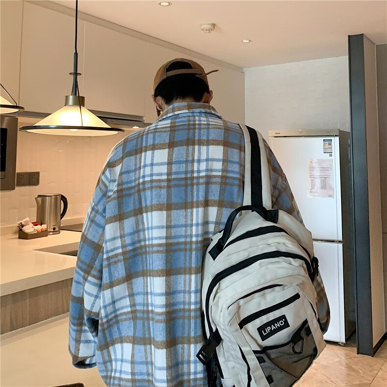 日系长袖格子衬衣男款春秋外套港风潮流潮牌蓝色格纹休闲宽松衬衫,男装衬衫,星座1013