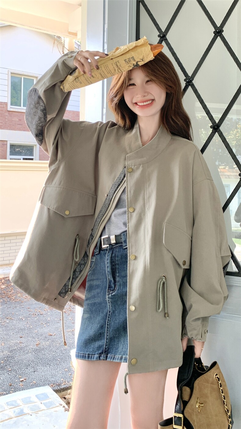 撞色拼接休闲廓形灰色外套女春秋2025新款小个子流行爆款百搭上衣,女装风衣,2C316