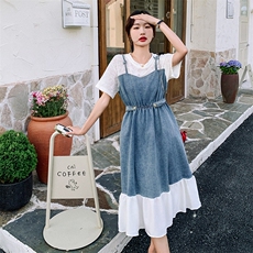 牛仔拼接假两件连衣裙女夏季2025新款独特设计感收腰显瘦A字长裙，女装连衣裙，2C032