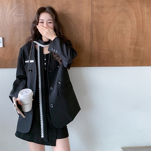 蕾丝飘带黑色西装外套女春秋2025新款小个子气质名媛高级感小西服图片