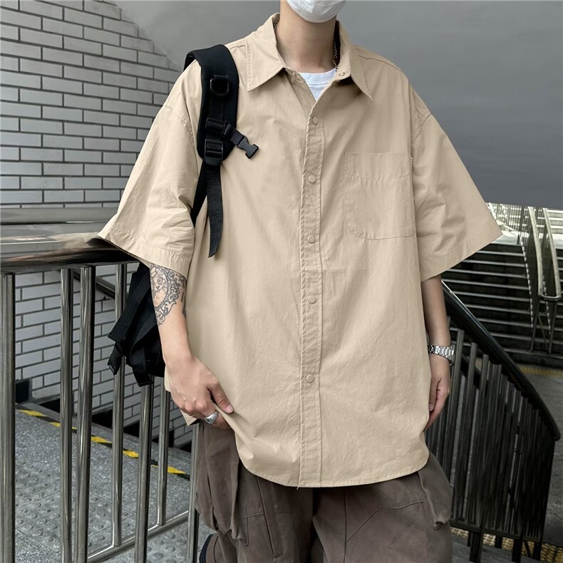 短袖衬衫男学生夏季百搭微胖褂子vibe潮牌纯色衬衣CC70-P35图片