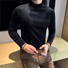秋冬厚款亮面银丝条纹金丝绒半高领长袖T恤男打底衫灰色T7572-P47，男装T恤，电商A213