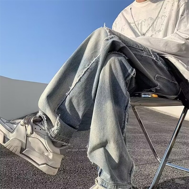 春秋高街美式复古水洗做旧毛边牛仔裤男女宽松直筒垂感阔腿牛仔裤,男装牛仔裤,星座218-1（原230）
