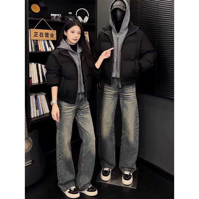 现货高品质重磅工艺美式高街假两件PU皮棉衣男女加厚棉服外套,男装棉衣,电商A486