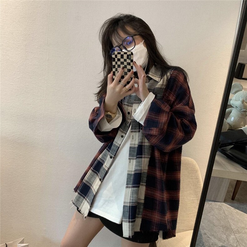 磨毛格子衬衫，女装衬衫，XTZ style