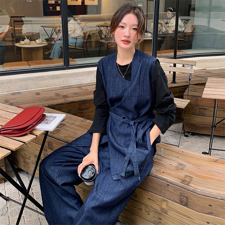 深蓝色不规则松弛感牛仔马甲套装女秋季新款港风轻熟阔腿裤两件套,女装套装/套裙,浙宝305
