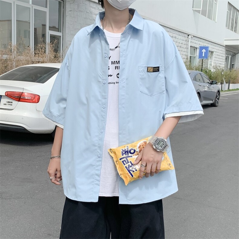 冰丝短袖衬衫男宽松假两件上衣ins港风夏季薄款衬衣外套CS065-P30,男装衬衫,星座308B-1