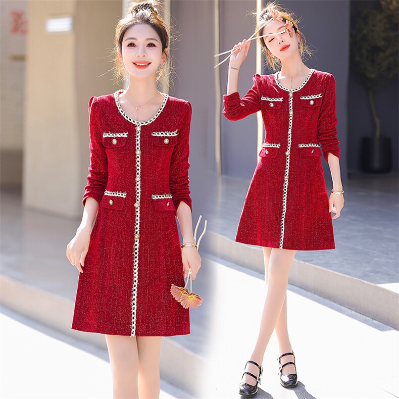 春秋款长袖亮丝连衣裙女装高端名媛时尚高级感显瘦小香风内搭裙子，女装连衣裙，丽美静依