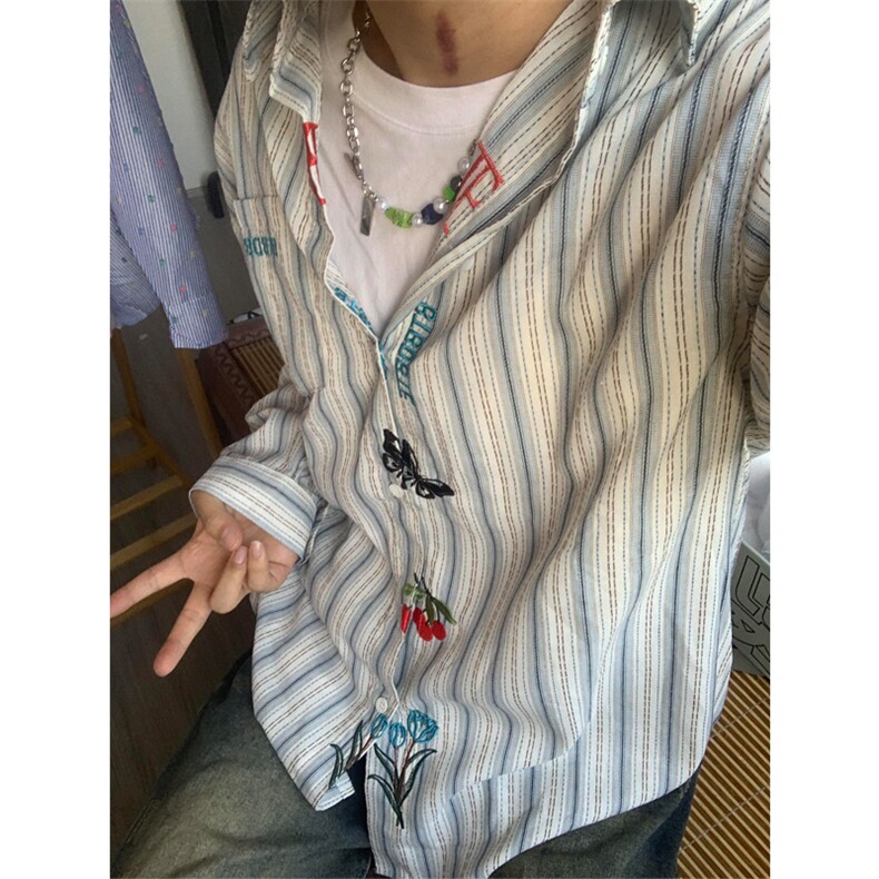 网图有货美式复古条纹衬衫男宽松刺绣休闲情侣衬衣女A317-P48,男装衬衫,星座1505