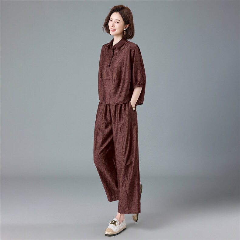 现货2026夏季新款宽松大码洋气减龄莱赛尔提花衬衫套装两件套,女装套装/套裙,深水步